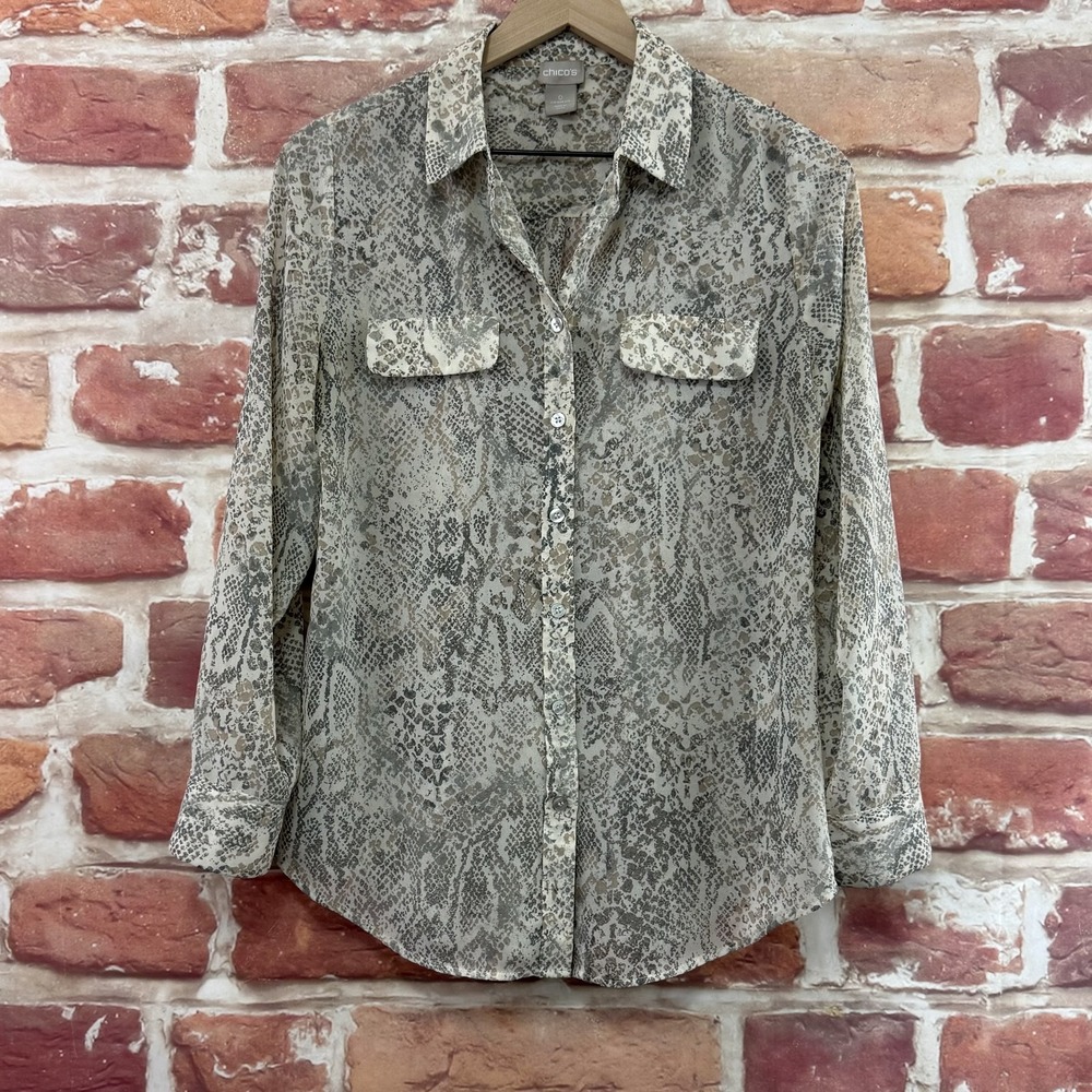Chicos Top Women's Small Multicolor Snakeskin Button Front Sheer Casual Shirt